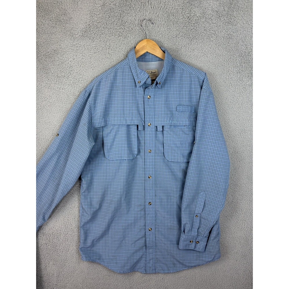 L.L. Bean Mens MT Blue Plaid Long Sleeve Vented Fishing Outdoors Shirt 0 GRV3